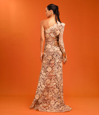 ONE SHOULDER COLUMN GOWN WITH EMBROIDERY DETAIL