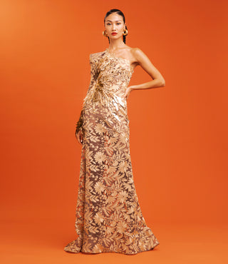 ONE SHOULDER COLUMN GOWN WITH EMBROIDERY DETAIL