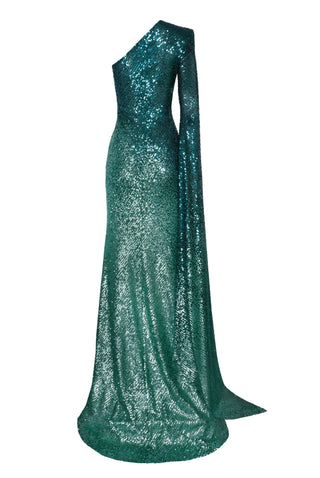 OMBRE STRETCH SEQUIN ONE SHOULDER CASACADING SLEEVE GOWN