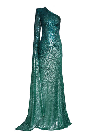 OMBRE STRETCH SEQUIN ONE SHOULDER CASACADING SLEEVE GOWN