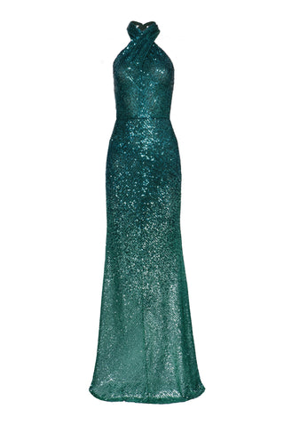 OMBRE STRETCH SEQUIN CRISS-CROSS NECK GOWN