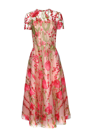 FLORAL TEA-LENGTH CAP SLEEVE DRESS