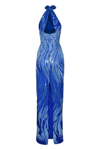 ABSTRACT SEQUIN CRISS-CROSS NECK COLUMN GOWN