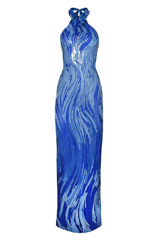 ABSTRACT SEQUIN CRISS-CROSS NECK COLUMN GOWN