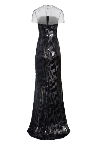 LEOPARD STRETCH SEQUIN ILLUSION NECKLINE FIT-AND-FLARE GOWN