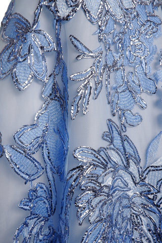 FLORAL METALLIC RAFFIA STRAPLESS HIGH-LOW DRESS