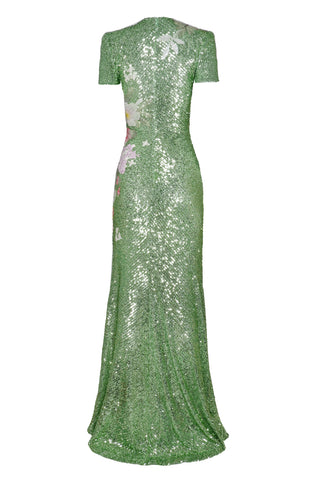 STRETCH SEQUIN CAP SLEEVE GOWN WITH FLORAL APPLIQUE