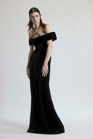 EMBELLISHED BODICE OFF-THE-SHOULDER COLUMN GOWN