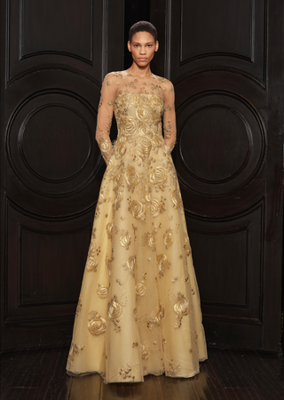 naeem khan gold dress METALLIC RAFFIA STRAPLESS FULL SKIRT GOWN