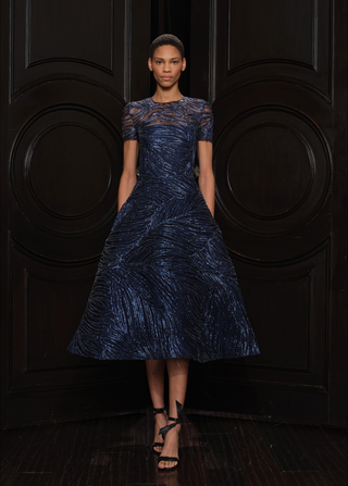 METALLIC RAFFIA SHORT SLEEVE ILLUSION NECKLINE DRESS