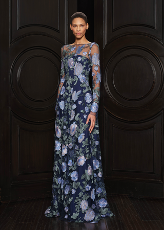 FLOWER LACE ILLUSION NECKLINE LONG SLEEVE GOWN