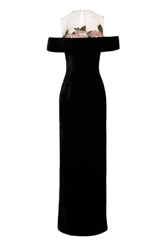 EMBELLISHED BODICE OFF-THE-SHOULDER COLUMN GOWN