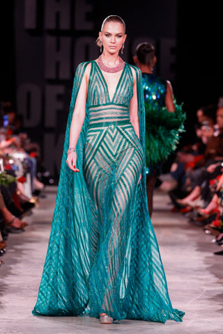 Beaded Geometric V-Neck Gown with Detachable Cape