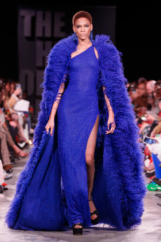 Beaded One-Shoulder Gown with Ostrich Feather Cape