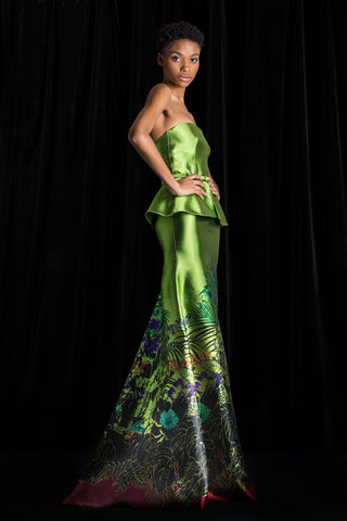 Botanical Strapless Peplum Gown