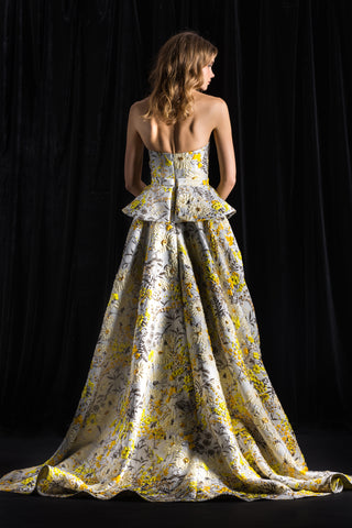 Floral Jacquard Strapless Peplum Gown