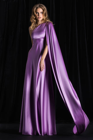 Satin Backed Crepe One Shoulder Gown with Cape Detail
