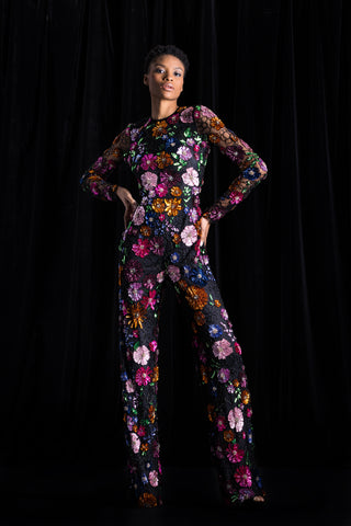 Floral Sequin Embellished Long Sleeve Jumpsuit