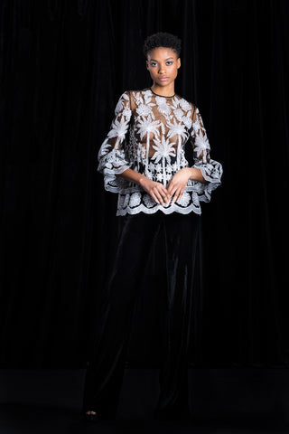 Floral Embroidered Puff Sleeve Blouse with Wide Leg Velvet Pants